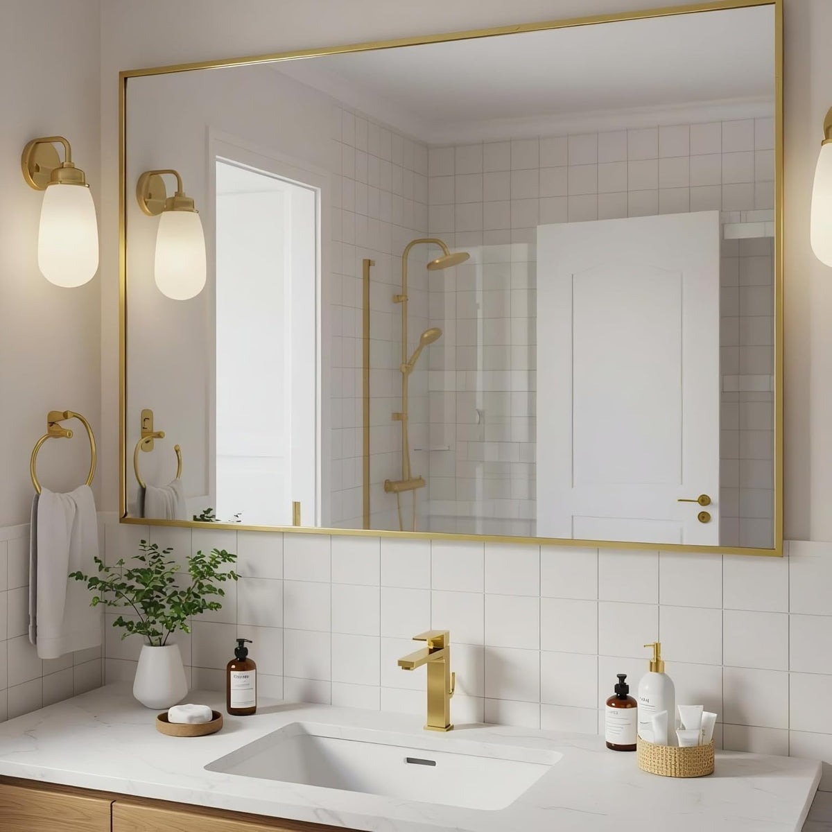 24x40 Inch Brass Bathroom Mirror for Wall, Aluminum Frame Rectangle Rectangular Vanity Mirror, Modern Large for Bedroom, Living Room, Horizontal or Vertical