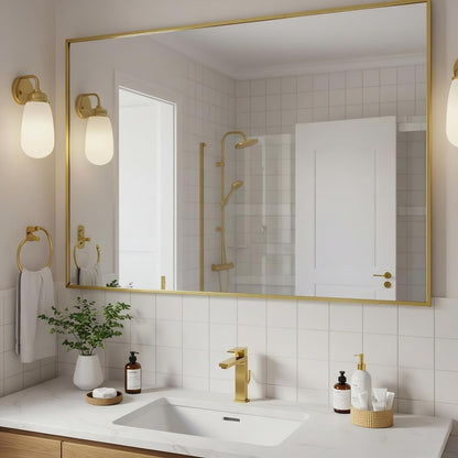 24x40 Inch Brass Bathroom Mirror for Wall, Aluminum Frame Rectangle Rectangular Vanity Mirror, Modern Large for Bedroom, Living Room, Horizontal or Vertical