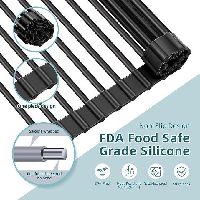 Ohuhu Sink Drying Rack, 20.5" W x 16.1" L Over Sink Roll-Up Dish Drainer - Rolling Foldable Accessories Heat-Resistant Mat Anti-Slip Silicone Coated Multipurpose for Kitchen Counter