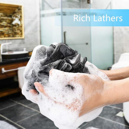 Yoget Bath Loofah Sponge, 4 Pack Black 60G Shower Mesh Ball Soft Pouf Body Scrubber, Exfoliate, Cleanse, Soothe Skin, Black Loofah with White Trim
