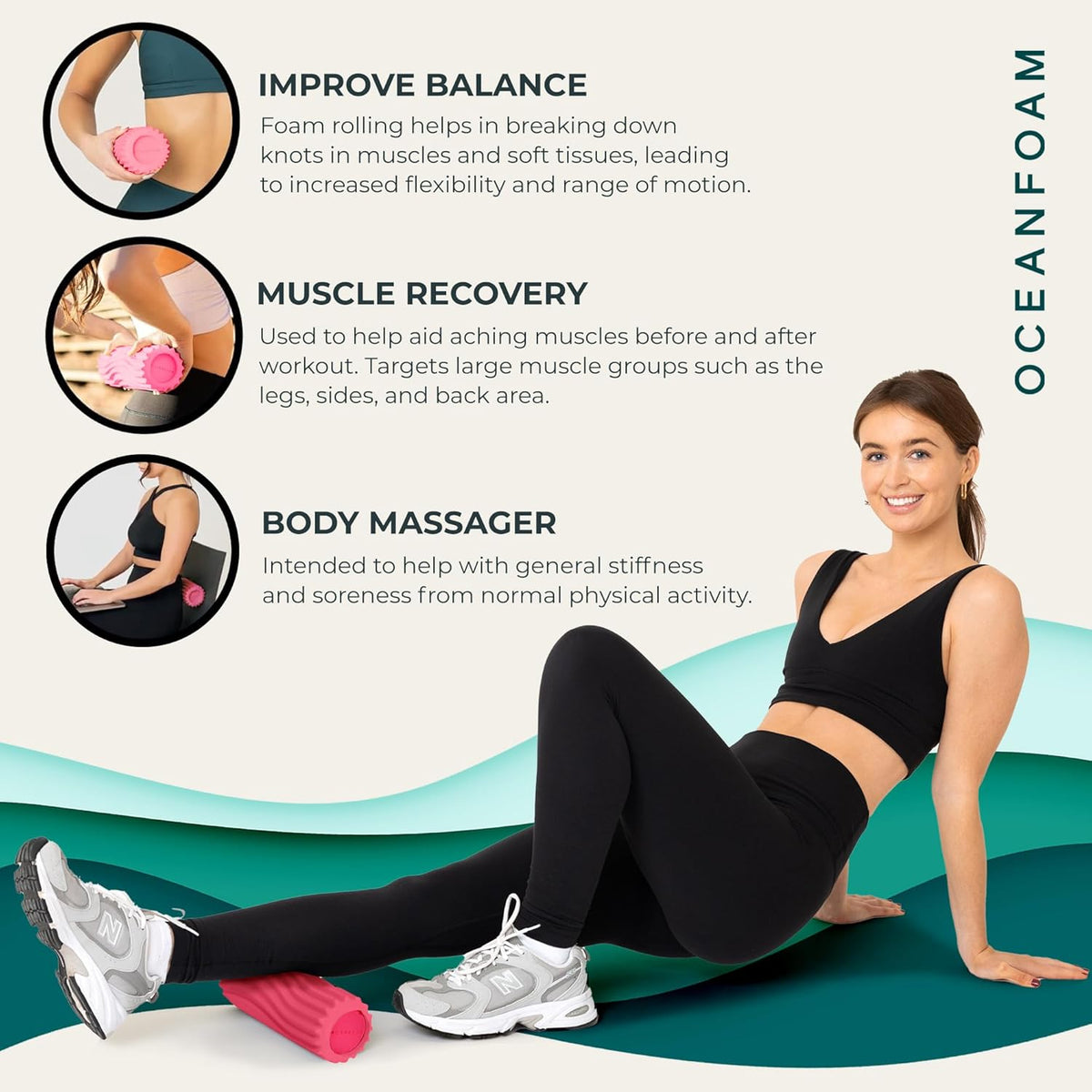 Oceanfoam Ripple Travel Foam Roller (11" x 3.35") Firm Mini Foam Roller for Physical Therapy, Deep Tissue Massage, Back Pain - High Density, Ergonomic Wave Textured, Yoga, Pilates, Exercise (Hot Pink)