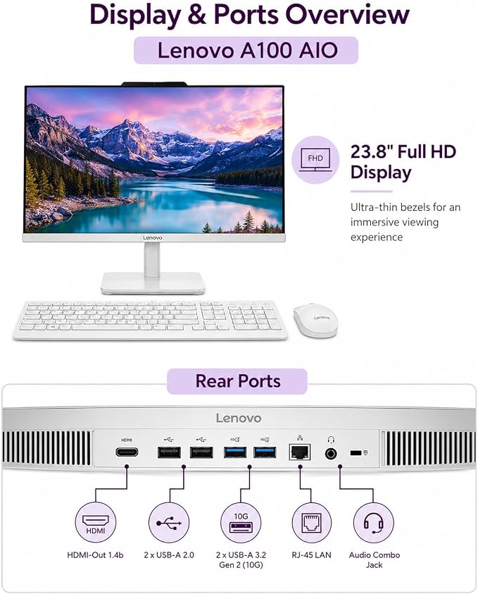 Lenovo 24" All-in-One Desktop Computer, Intel N100 Processor, 16GB RAM, 512GB SSD, FHD Display, Space-Saving Design for Home, Office &Business, Wi-Fi 6, HDMI Out, Windows 11, Wireless Keyboard & Mouse