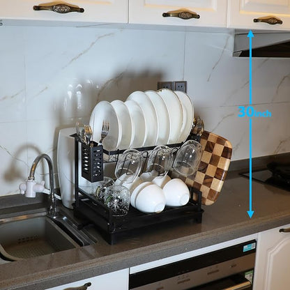 B-Land Dish Drying Rack: 2 Tier Dish Racks for Kitchen Counter and Sink - Large Dish Drying Rack with Drainboard & Utensil Holders - Stainless Steel Dish Drainers Kitchen Organization and Storage
