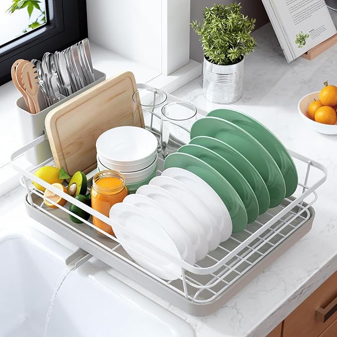 Kitsure Dish Drying Rack for Kitchen Counter, Stainless Steel Sink Organization and Storage Essentials with Cutlery Holder, Home and Appartment Decor, 12''W x 15.5''L, Light Grey