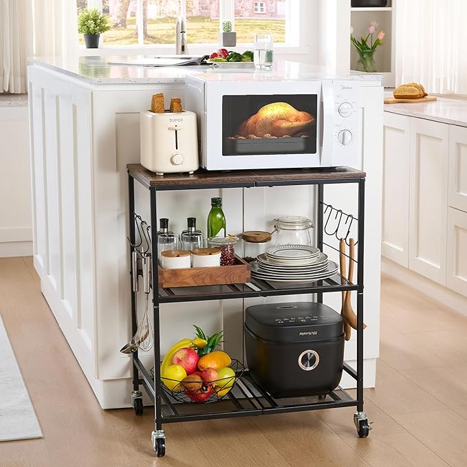 Rolling Kitchen Microwave Cart, 3 Tier Microwave Stand with Storage, Small Kitchen Island on Wheels, Wood and Mental Kitchen Shelf Rack, Black Organizer for Living Room, Office, Balcony
