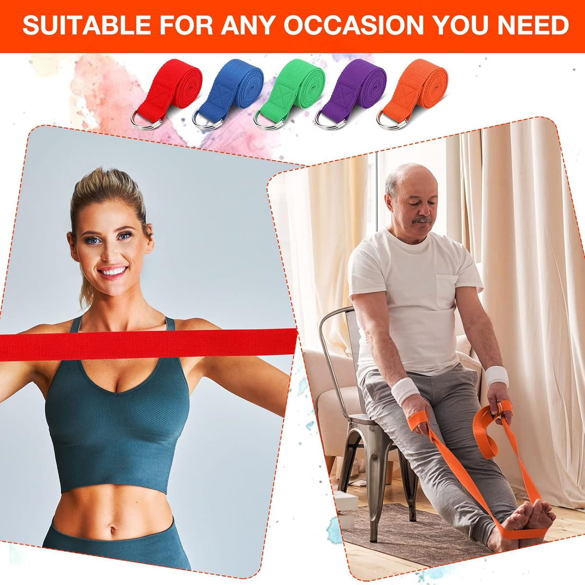 Jerify 10 Pcs Yoga Strap for Stretching Bulk 6ft Exercise Stretch Band with Metal D Ring Adjustable Pilates Non Elastic Yoga Stretch Belt for Women Men Physical Fitness Gym Workout Dance