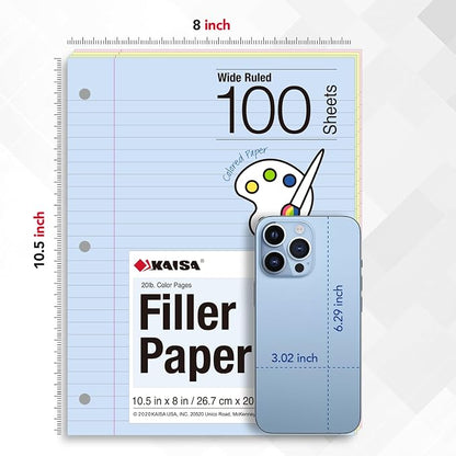 Kaisa Filler Paper Colored loose Leaf Paper, Wide Ruled 8x10.5in Colored Paper, 3-Hole Punched for 3-Ring Binders,100Sheets/pack 4Packs, FC10001W