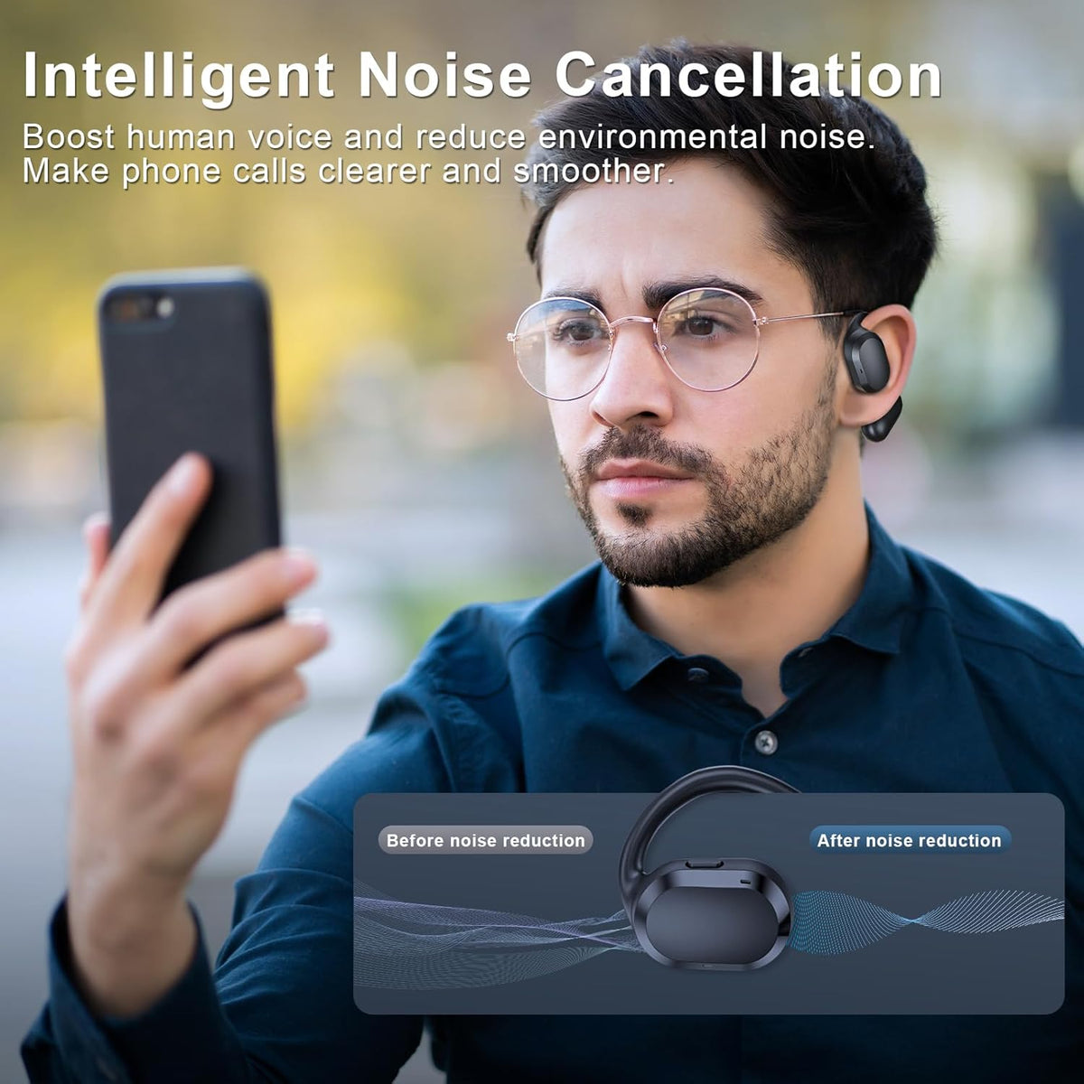 Open Ear Headphones, Open Ear Earbuds, IPX7 Waterproof, Bluetooth 5.3 True Wireless Sports Over Ear Earbuds with Earhooks, Built-in Mic, Crystal-Clear Calls for Running Workout Cycling Driving