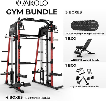 Mikolo Smith Machine, 2200lbs Squat Rack with LAT-Pull Down System & Cable Crossover Machine, Training Equipment with Leg Hold-Down Attachment