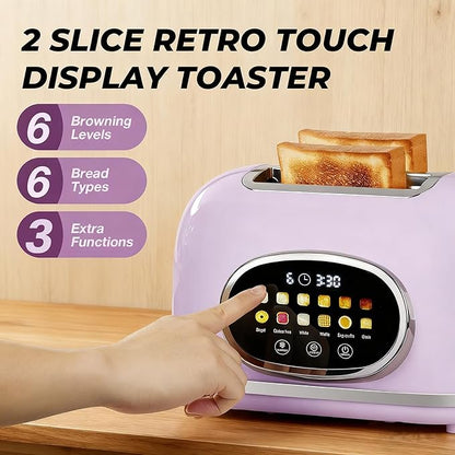 Roter Mond 2 Slice Toaster Smart Touch Screen, Retro Stainless Steel Bread Toaster with Digital Timer, Sleep Mode, Bagel, Cancel, and Defrost Functions, 6 Bread Types and Shade Settings, Light Purple