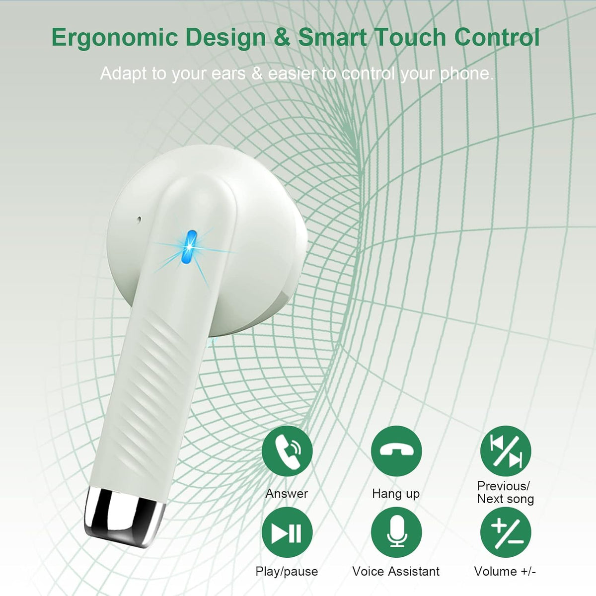 Wireless Earbuds, Bluetooth 5.4 Earbuds Stereo Bass, Bluetooth Headphones in Ear with Noise Cancelling Mic, Earphones IP7 Waterproof Sports, 32H Playtime USB C Charging Green Ear Buds for Android iOS