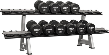 REP Fitness Urethane Coated Round Dumbbells, 5 to 100 lbs, Singles or Pairs, With or Without Rack, Steel Core, Rubber Encased, Chrome Handles, Professional Weights for Home Gym Strength Training
