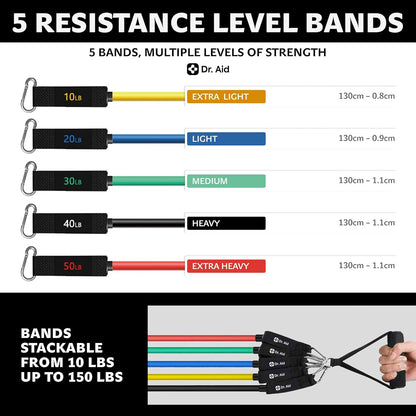 Dr. Aid Resistance Bands Set – 5 Stackable Workout Bands with Handles, Pure Latex, High Elasticity & Tear Resistant – Smell-Free Full-Body Exercise Bands for Rehab, Basic Training & Strength Workouts