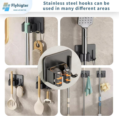 Stainless Steel Mop Holder Wall Mount – 4 Pack Heavy-Duty Broom Organizer with Strong Grip, Adhesive or Nail-Free Glue Installation for Bathroom, Kitchen, Garage