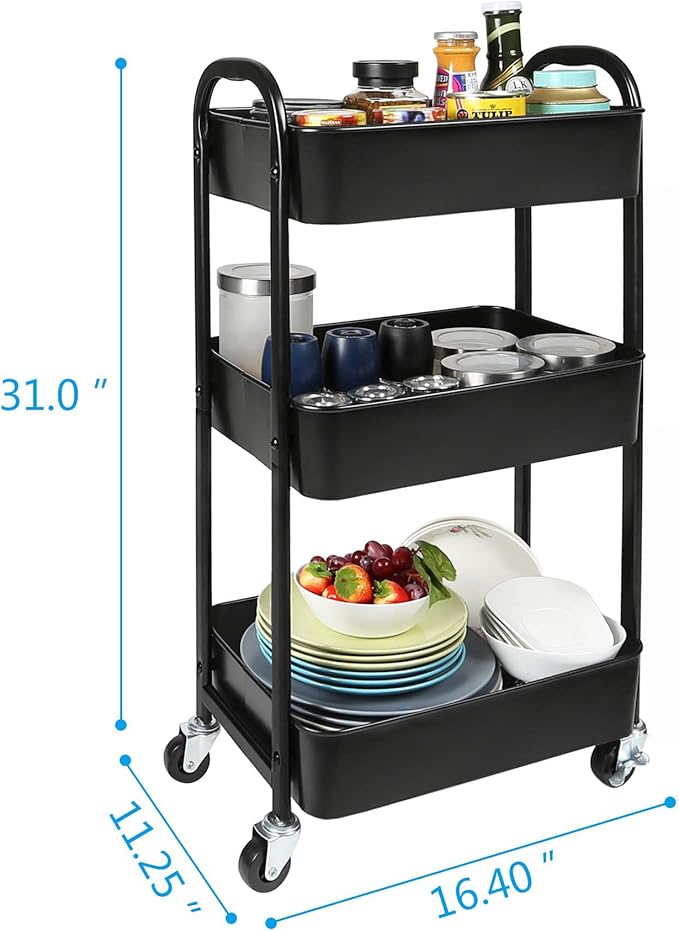 3-Tier Rolling Utility Cart with Caster Wheels,Easy Assembly, for Kitchen, Bathroom (Black)
