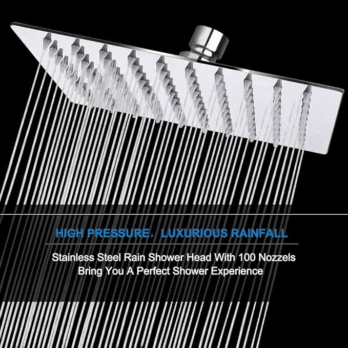 NearMoon Rain Shower Head, High Flow Stainless Steel Square Rainfall Shower, High Pressure Design, Awesome Shower Experience Even At Low Water Flow (8 Inch, Chrome Finish)