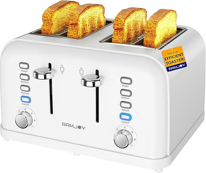 White Toaster 4 Slice, Dual Independent Controls, Extra Wide Slot Toasters for Bagel, Bread, Waffles, 7 Shade Settings, 4 Main Functions, Removable Crumb Tray, 1500 Watts, White Stainless Steel