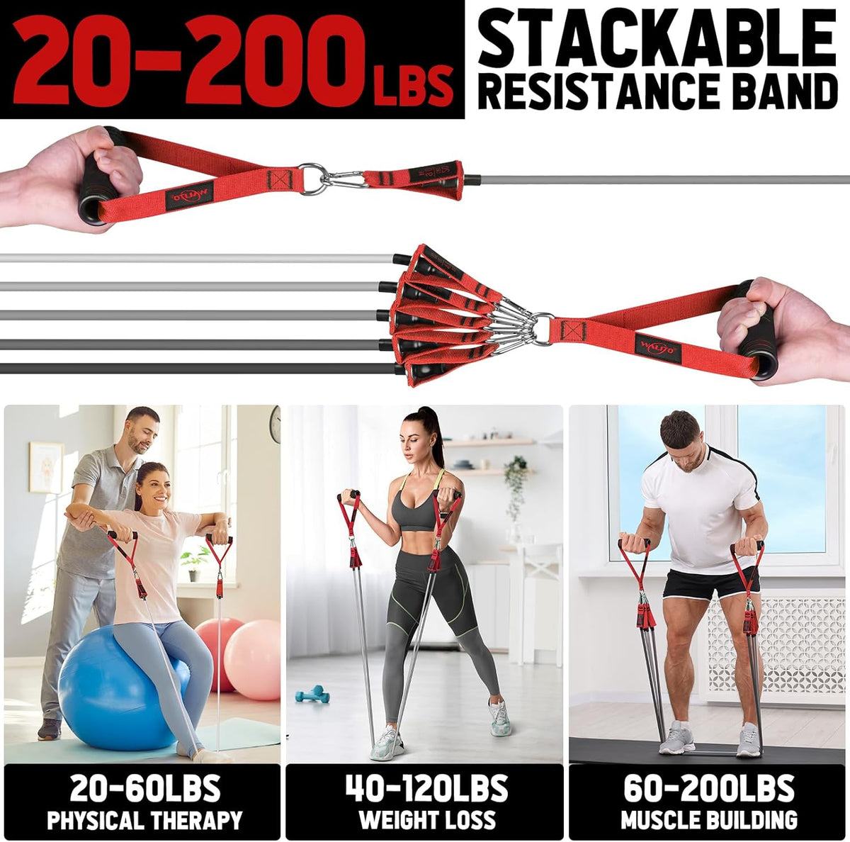 WALITO Resistance Bands Set - Exercise Bands with Handles, Door Anchor, Legs Ankle Straps, for Heavy Resistance Training, Physical Therapy, Muscle Training, Yoga, Home Workouts