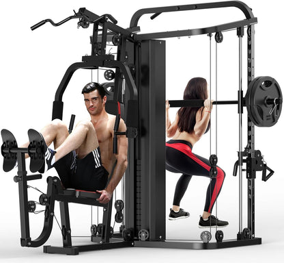 SunHome Multifunction Home Gym System Workout Station,Smith Machine with 138LB Weight Stack, Leg Press, LAT Station for Full Body Training