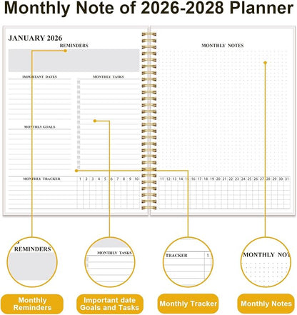 2026-2029 Monthly Planner - 36 Month PLanner Calendar from July 2026 to June 2029, 3 Year Planner 2026-2029 with Flexible Cover, Inner Pocket, Perfect for Home | School | Office, 8.5" x 11", Crushed Flower