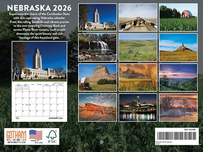Nebraska Calendar 2026 Wall 12 Month Monthly NE Scenic Souvenirs Themed Gifts | American Made In The USA