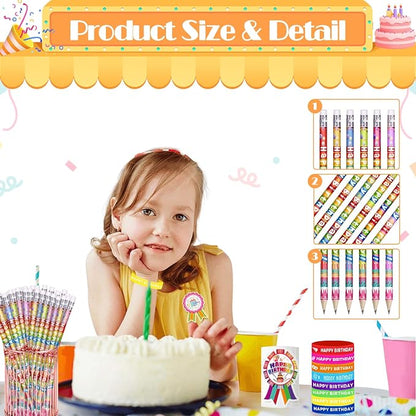 296 Pcs Birthday Pencils Set: 48 Happy Birthday Pencils, 48 Wristbands, 200 Badge Stickers for Teacher, Classroom, Party Supply