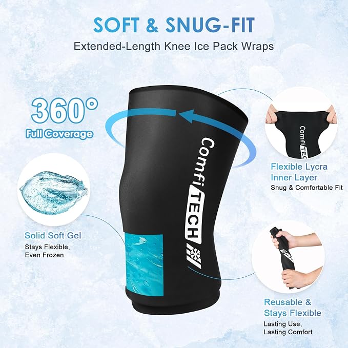 ComfiTECH Knee Ice Pack Wraps, Flexible Elbow Calf Gel Ice Sleeve, M, 2P | Flexible Ice Knee Brace for Elbow & Calf, Reusable Gel Cold Compression Sleeve for Soothing Meniscus Tear & ACL Discomfort