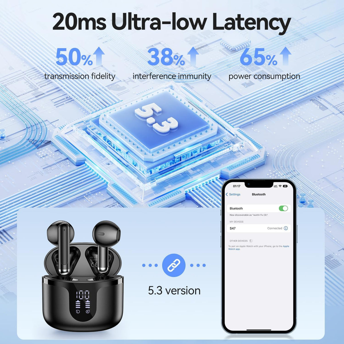 Wireless Earbuds, 2025 Bluetooth 5.3 Headphones HiFi Stereo 50H Playback Ear Buds with Led Digital Display, ENC Noise Cancelling Earbuds for Laptop Computer, iOS, Android, Black