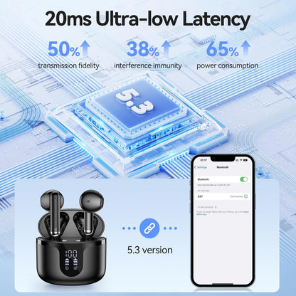 Wireless Earbuds, 2025 Bluetooth 5.3 Headphones HiFi Stereo 50H Playback Ear Buds with Led Digital Display, ENC Noise Cancelling Earbuds for Laptop Computer, iOS, Android, Black