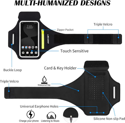 Running Armband with Earphone Bag Cell Phone Armband for iPhone 16 15 Pro 14 Plus 13 11 XR XS, Galaxy S24/S10 Water Resistant Sports Phone Holder Case & Zipper Slot Car Key Holder for 6.7 inch Phone