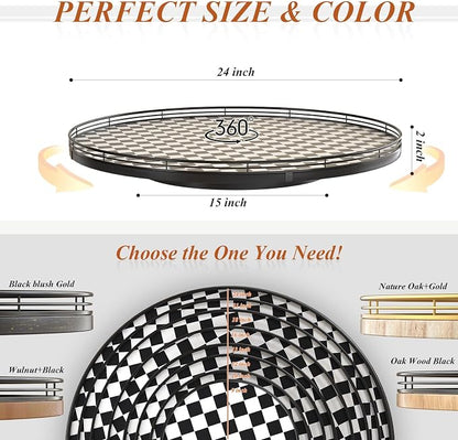24" Black and White Kitchen Lazy Susan Turntable, Round Checkered Decorative Tray, Large Lazy Susan for Dining Table Centerpiece, Pantry, Kitchen, Bathroom, Countertop, Cupboard, Home Decor