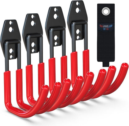 3-H Garden Hose Holder Wall Mount 4 Pack,Solid Steel Hose Hanger,Water Hose Holders for Outside,Perfect for Hanging Outdoor Air Hose,Ropes,Pipes,Garden Tools,Ladders,Bikes,Bulk Items(Red)