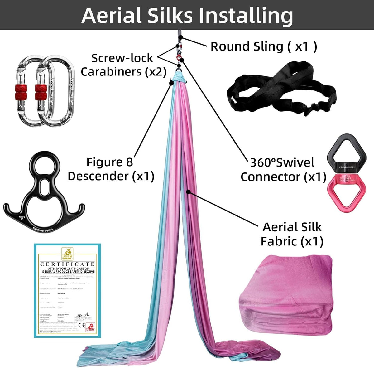 PRIOR FITNESS Aerial Silks Kit Colorful 9/15/20 Yards 40D Nylon Fabric Hammock Set With Hardware & Guide for All Levels Of Aerial Yoga Practice and Acrobatic Flying For Adults Aerial silk