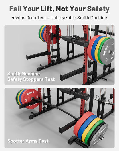 Mikolo Smith Machine, 2200lbs Squat Rack with LAT-Pull Down System & Cable Crossover Machine, Training Equipment with Leg Hold-Down Attachment
