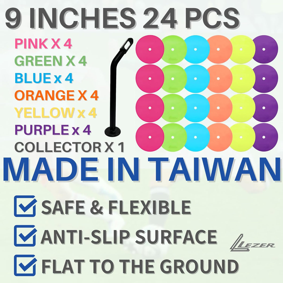 LEZER 9 Inch Flat Cones, Spot Markers, Soccer Cones, Field Court Markers, Sit Spots, Flat Discs, Soccer Training Equipment, Agility Practice, Football, Made in Taiwan