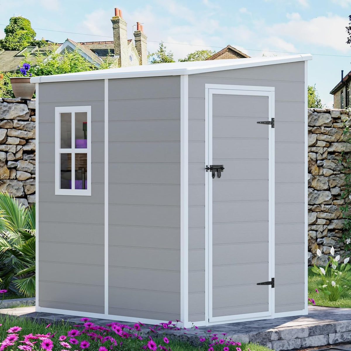 5x4 FT Small Resin Shed, Waterproof Outdoor Shed with Floor, Window, Double Lockable Doors & 2 Vents, Outside Plastic Sheds for Garden Patio Backyard, Sloped Roof, Grey