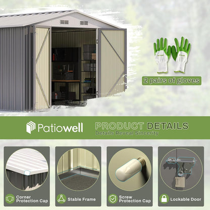 Patiowell 8x10 FT Outdoor Storage Shed, Large Garden Tool Metal Shed with Sloping Roof and Double Lockable Door, Outdoor Sheds for Backyard Garden Patio Lawn,Grey
