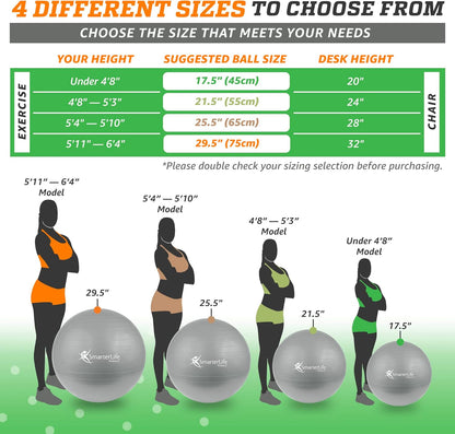 SmarterLife Exercise Ball Yoga Ball for Fitness, Balance, Stability, or Pregnancy, Gym Ball for Core Workout, Physical Therapy, Yoga Ball Chair for Office, Anti-Slip Anti-Burst