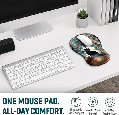 Ergonomic Mouse Pad with Wrist Rest, Gel Wrist Support, Cozy Cat | 10.2 x 7.6 in Mouse Pad with Smooth Fabric Surface and Non-Slip Rubber Base for Office, Home, Study, and Gaming