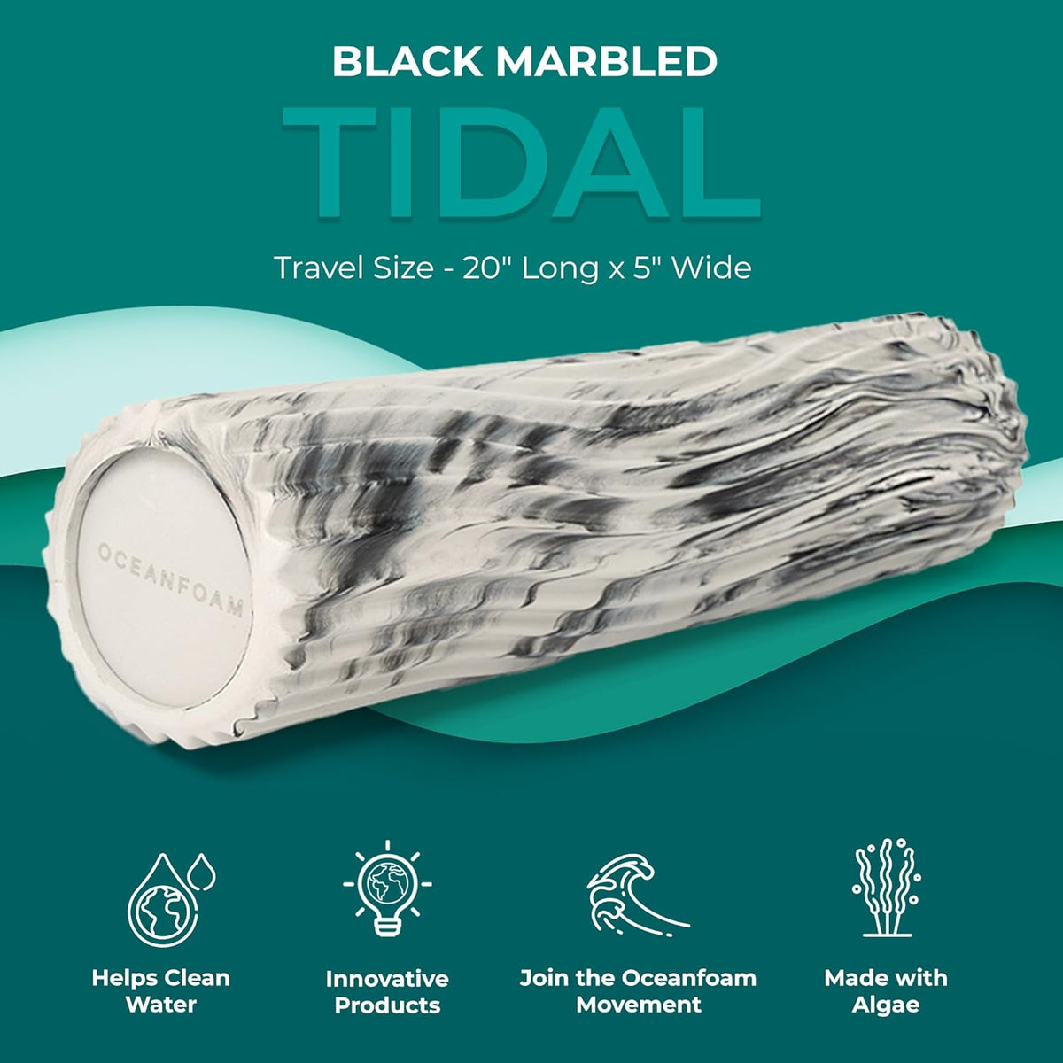 Oceanfoam Tidal Roller - Black Marbled - Muscle Massage Foam Roller for Back Pain & Stretching - Firm and Ergonomic Wide Wave Textured - Yoga, Athletics, & Wellness - Full Size, 20" x 5"