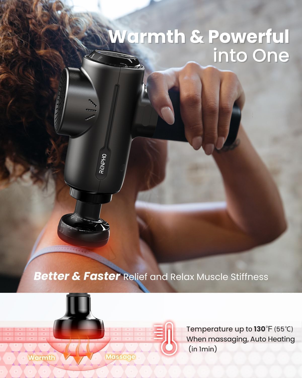 RENPHO Massage Gun with Heat, Portable Percussion Massager with Bluetooth for Back and Neck, Gifts for Men and Women, Carry Case, Active+ Thermal