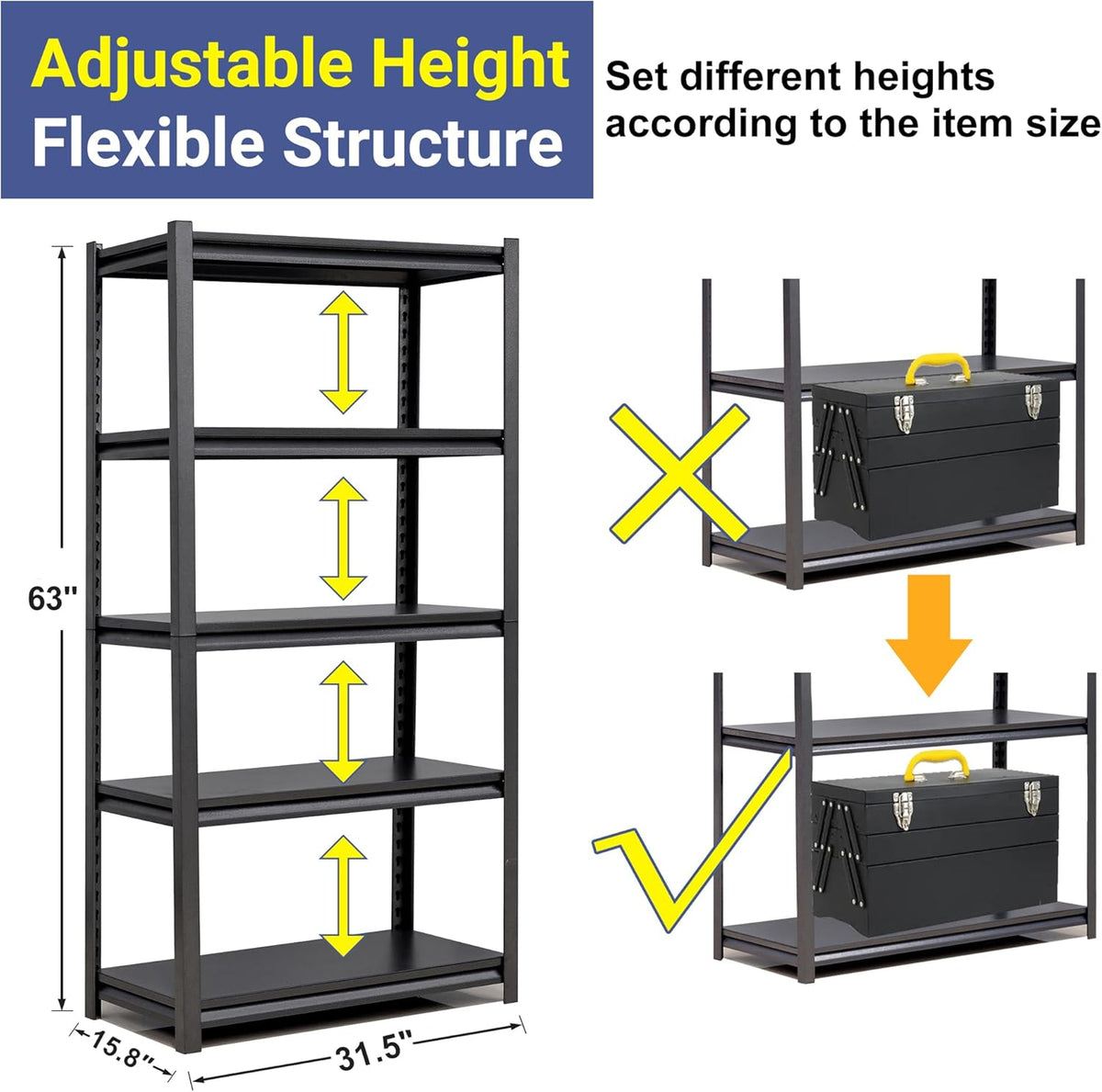 TOPKEY 5-Tier Utility Shelves Garage Storage Shelves, Heavy Duty Metal Storage Shelf for Garage, Kitchen, Warehouse, Adjustable Basement Storage Rack, Load 2000LBS, 63" H x 31.5" W x 15.8" D