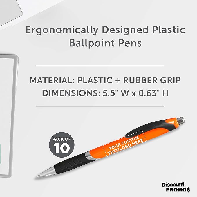 DISCOUNT PROMOS Ballpoint Pens With Rubber Grip - 10 pack - Customizable Text, Logo - Black Ink Ball Point Pen with Soft Touch Plastic - Orange