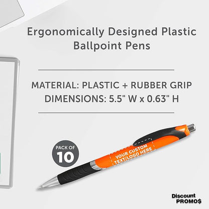 DISCOUNT PROMOS Ballpoint Pens With Rubber Grip - 10 pack - Customizable Text, Logo - Black Ink Ball Point Pen with Soft Touch Plastic - Orange