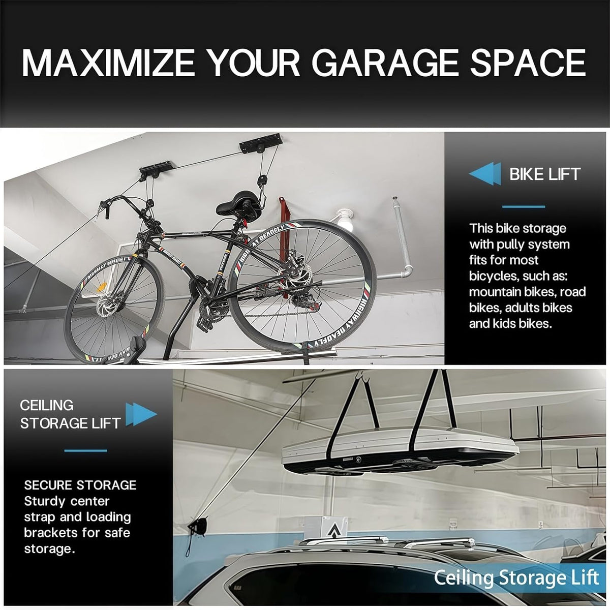 Cargo Box Ceiling Hoist – Garage Pulley Lift System for Rooftop Cargo Carrier Fits Garage or Shed with 100lb Capacity for Bicycles or Ladders or Roof Luggage Box or Roof Luggage Frame