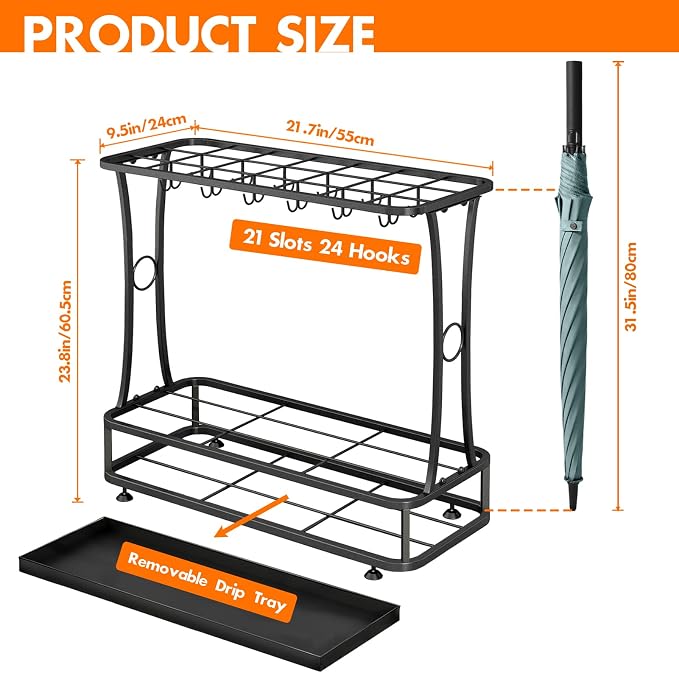 Metal Umbrella Holder Stand with Removable Drip Tray, Industrial Free Standing Umbrella Rack Organizer for Entryway Home Office Patio Decor(21 Slots 24 Hooks, Black)