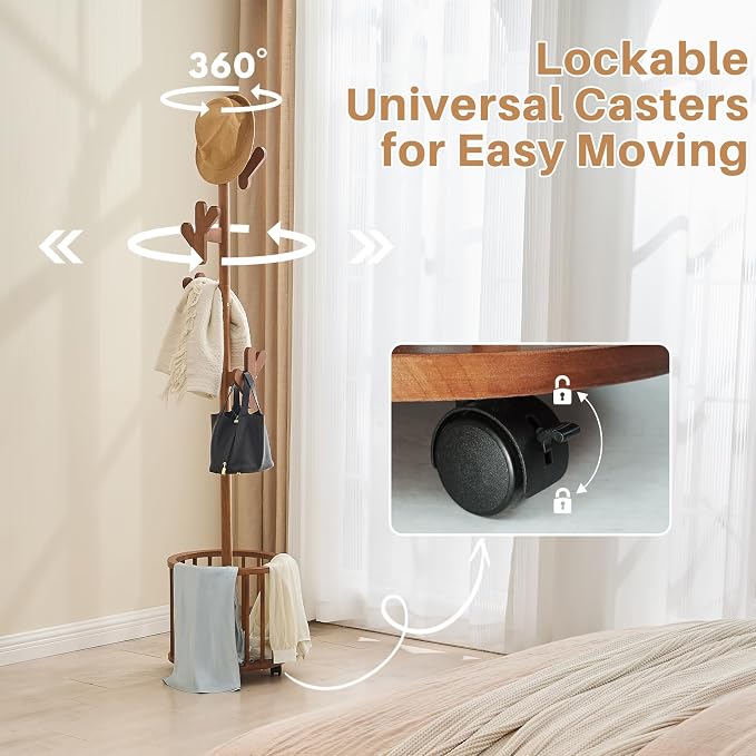 Uniclinens Solid Wood Coat Rack Freestanding with Umbrella Holder, Tree Coat Rack Stand with Lockable Universal Casters & 12 Hooks for Entryway Bedroom, Walnut