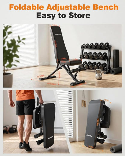 AIRHOP Foldable Workout Bench, 90° to -30° FID Weight Bench for Home Gym | Backrest, Seat, Leg Bar Adjustable, MAX 1000 LBS, 8-Pos Backrest, 3-Pos Seat, 4-Level Leg Support, 19.4" Extended Base Stable