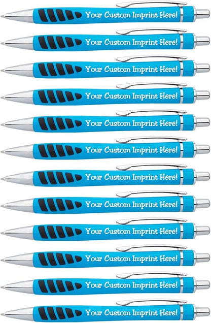 ExpressDesigns™ - Your Name or Imprint on our Custom Printed Addison Ballpoint Pen - Rubber Grip For Writing Comfort And Control, black ink, medium point - 12 Pack (Light Blue)