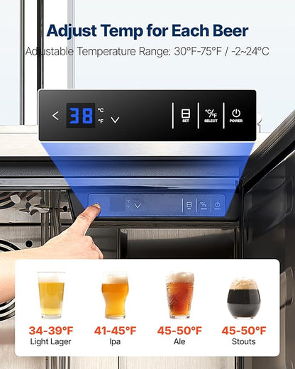 VEVOR Beer Kegerator, Triple Tap Commercial Draft Beer Dispenser for D system, Full Size Keg Refrigerator with 5lbs CO2 Tank, Hold 3 Sixth/2 Slim/3 Ball lock keg (3 taps - D system - stainless steel)